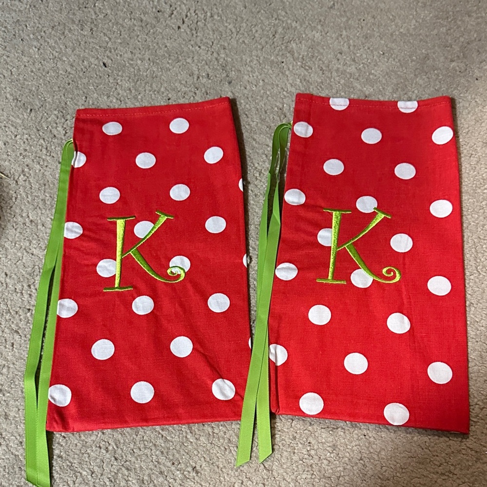 Set of 2 Christmas Monogrammed Wine Bags - Initial K